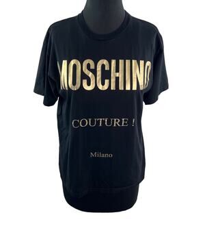 MOSCHINO Couture Black Gold Top Cotton Crew Neck Straight Hem Pullover Size XXS